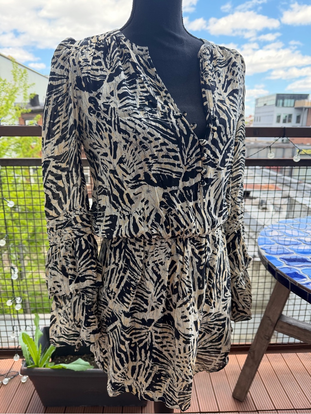 Parker Black and Cream Printed Long-Sleeve V-Neck Dress